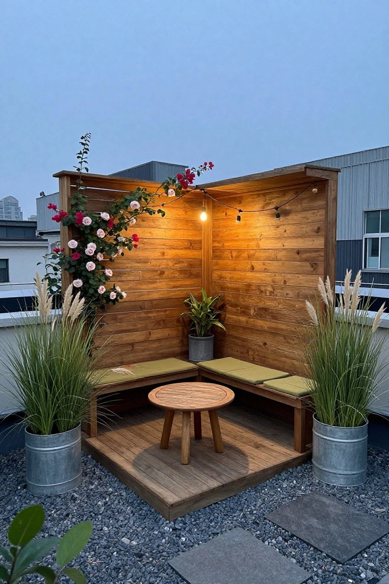 Wooden corner bench with green cushions, round table, string lights, and potted plants