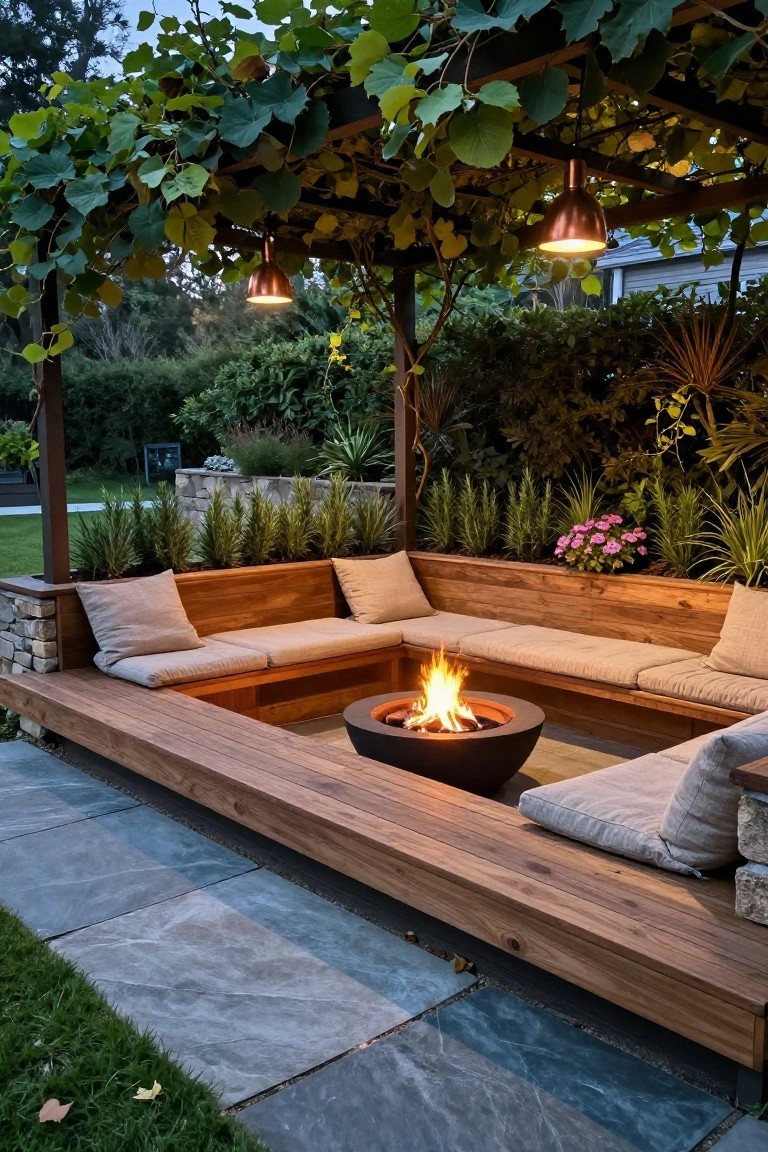 Wooden patio with built-in bench seating arranged around a central fire pit beneath a vine-covered pergola.