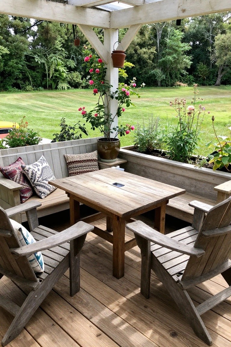 A wooden patio with a square table, built-in benches, two Adirondack chairs, and a white pergola covered in pink roses overlooking a lawn.