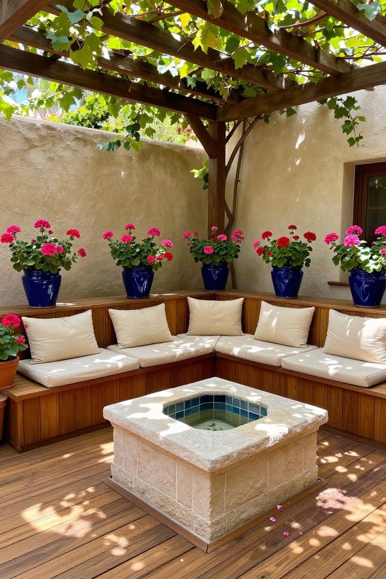 A wooden patio with L-shaped built-in benches surrounding a square stone fire pit, blue ceramic pots with flowers along the back, and a vine-covered pergola overhead.