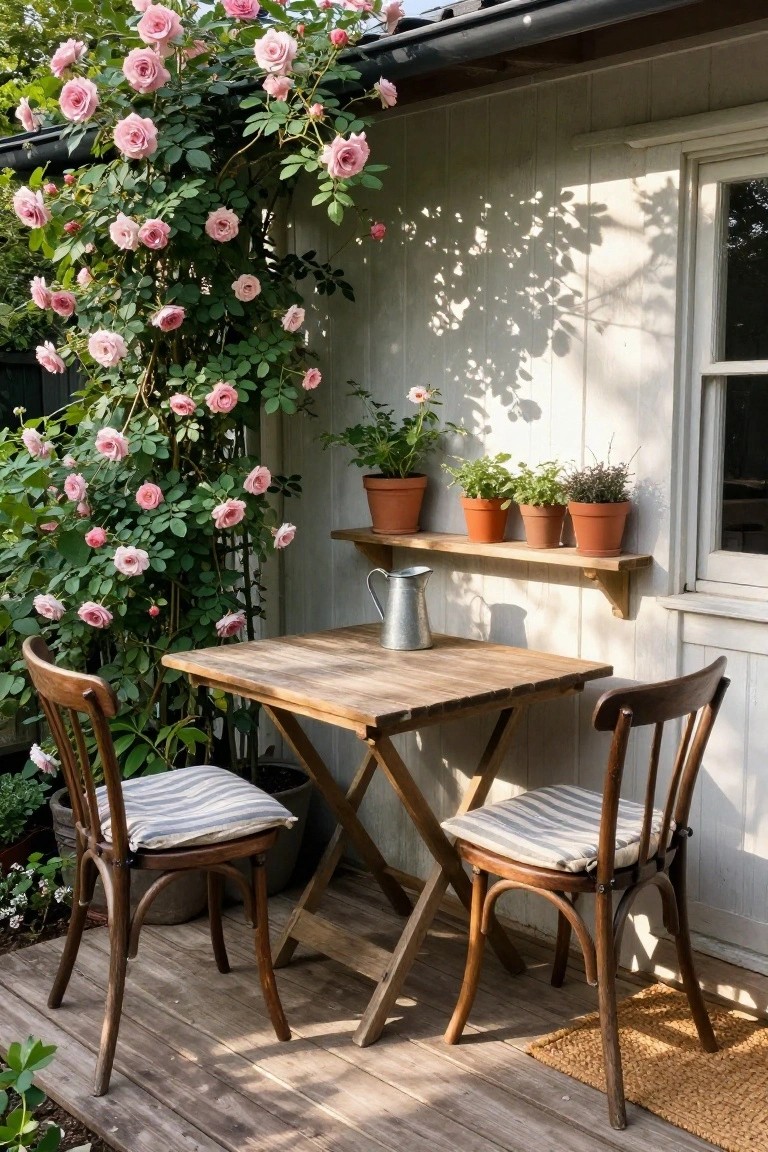 A wooden folding table with two chairs sits on a deck next to a house wall covered in pink climbing roses, with potted plants on a shelf above.