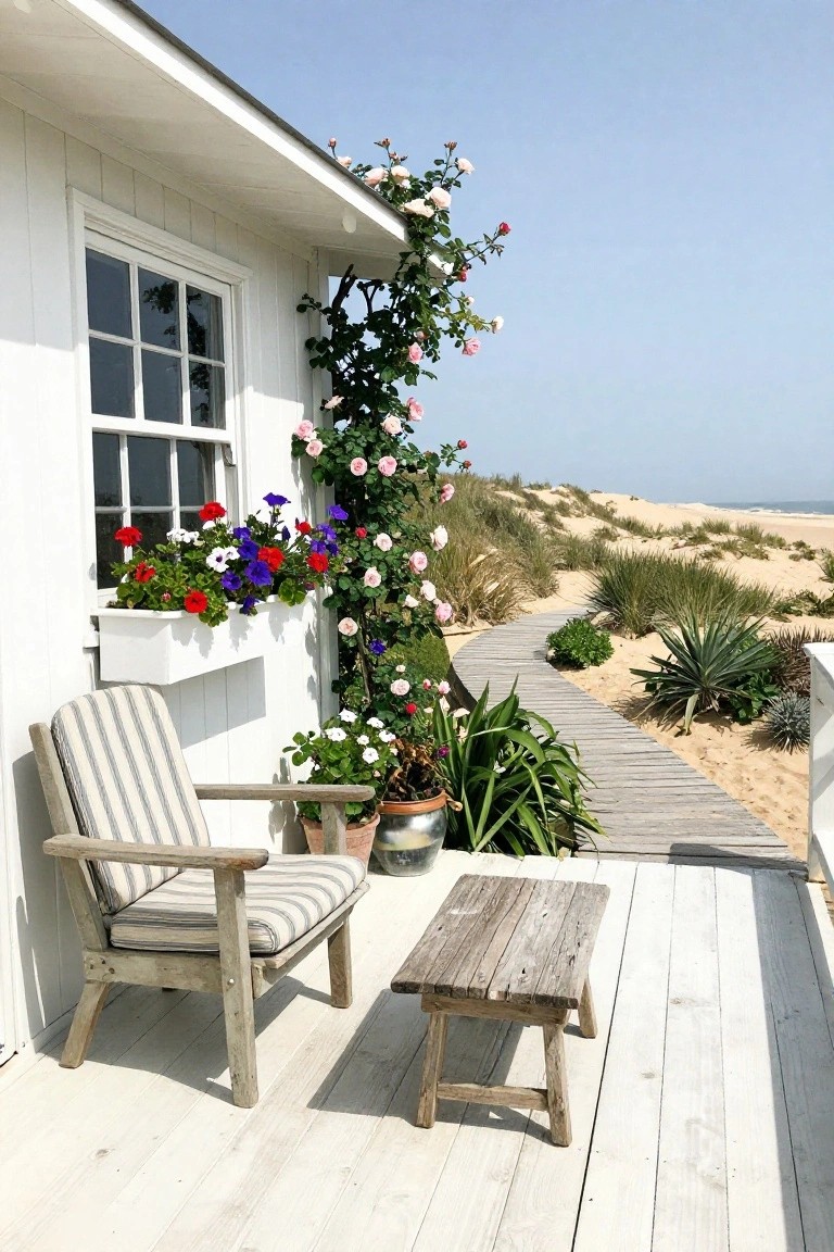 White beach cottage porch with striped chair, colorful flowers, and boardwalk to dunes.
