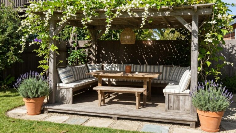 22 Beautiful Wooden Patio Ideas Featuring Vines, Flowers, and Natural Shade A wooden pergola with built-in benches around a table, flowering vines growing across the top, and potted plants at the front.
