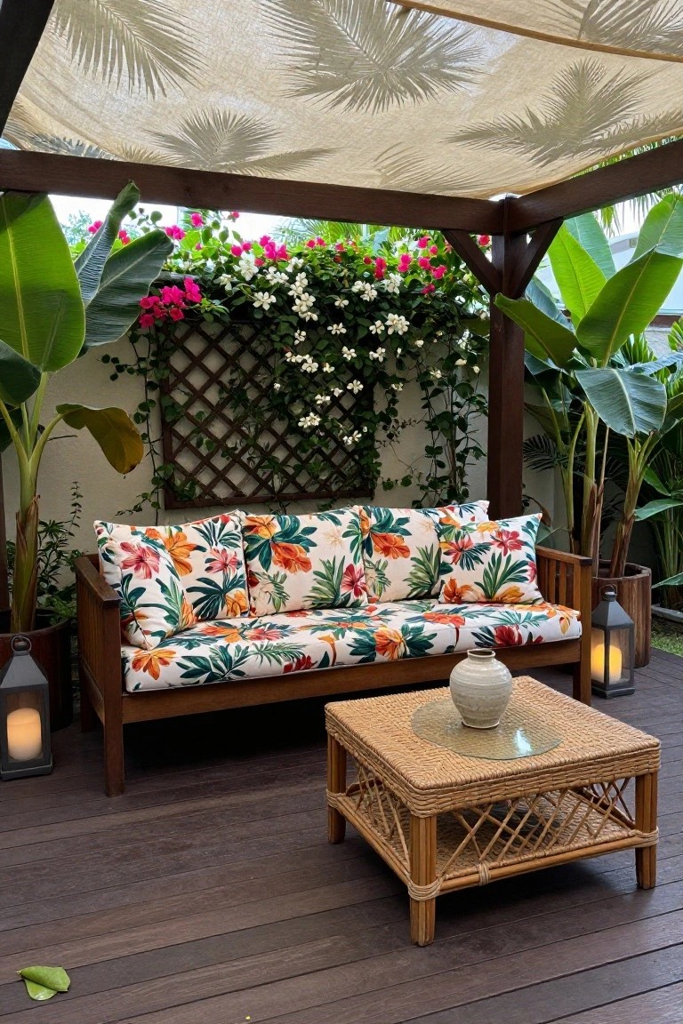 Wooden outdoor sofa with floral cushions on a deck, positioned in front of a vine-covered lattice with pink and white flowers under a fabric shade structure.