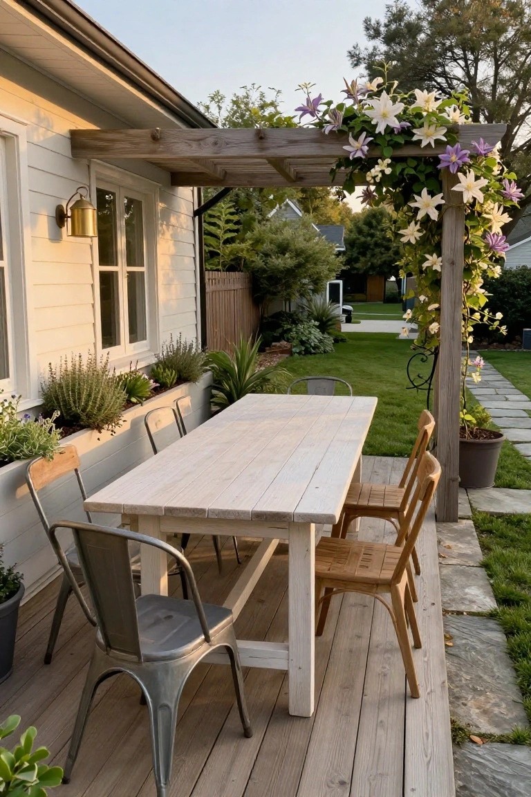 Wooden table with mixed chairs under flowering pergola on house deck at dusk.