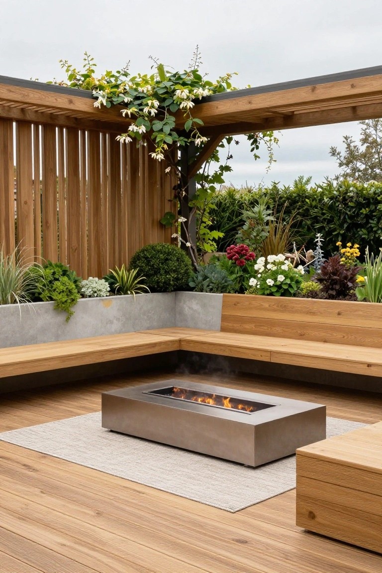 A wooden deck patio with L-shaped built-in benches around a rectangular metal fire pit, under a pergola covered in flowering vines and surrounded by raised planters.