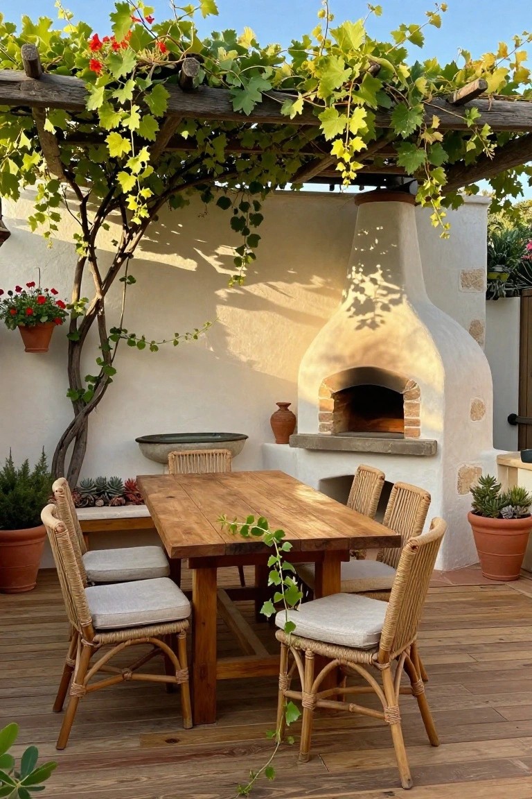 A wooden dining table with woven chairs sits under a vine-covered pergola beside a white outdoor oven on a deck.