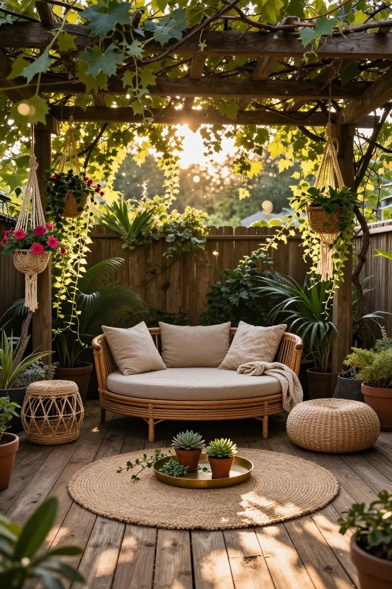 A wooden deck patio under a vine-covered pergola with a round rattan daybed, woven stools, potted plants, and a circular rug.