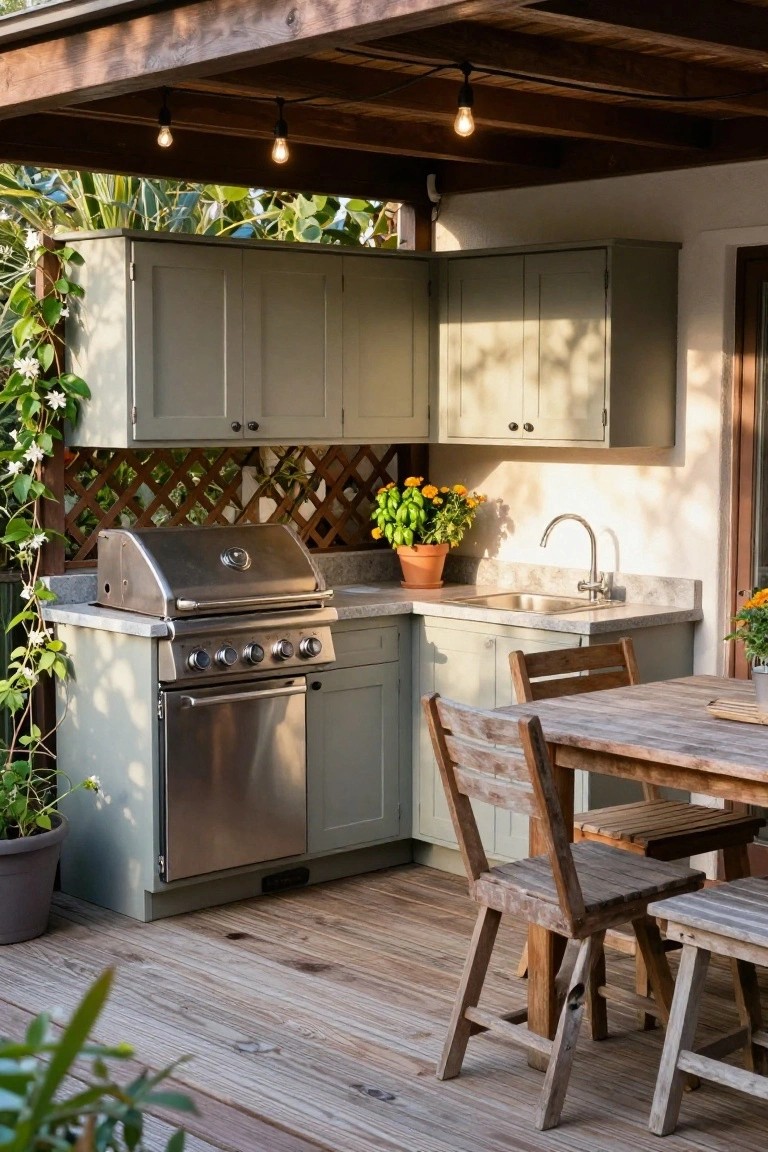 An outdoor kitchen on a wooden deck with sage green cabinets, a stainless steel grill, a sink, and a wooden dining table with chairs under a pergola.