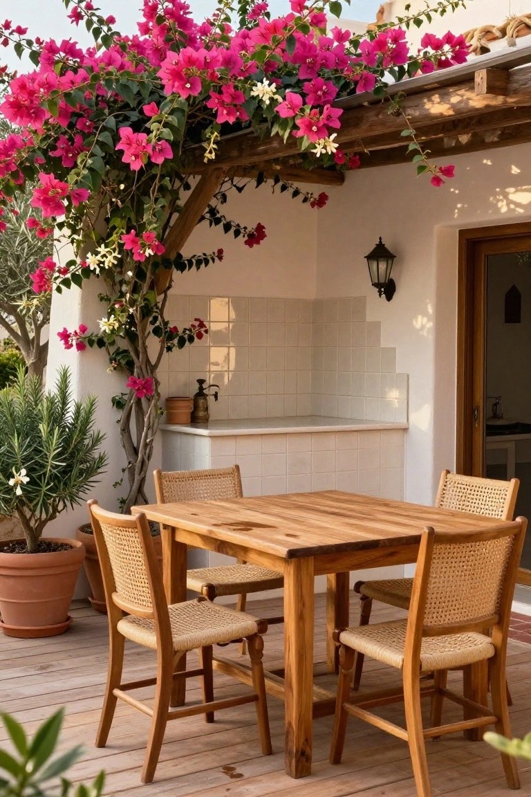 A wooden outdoor dining table with four woven chairs sits under a pergola covered in pink bougainvillea vines, beside potted plants and a tiled counter with a faucet.