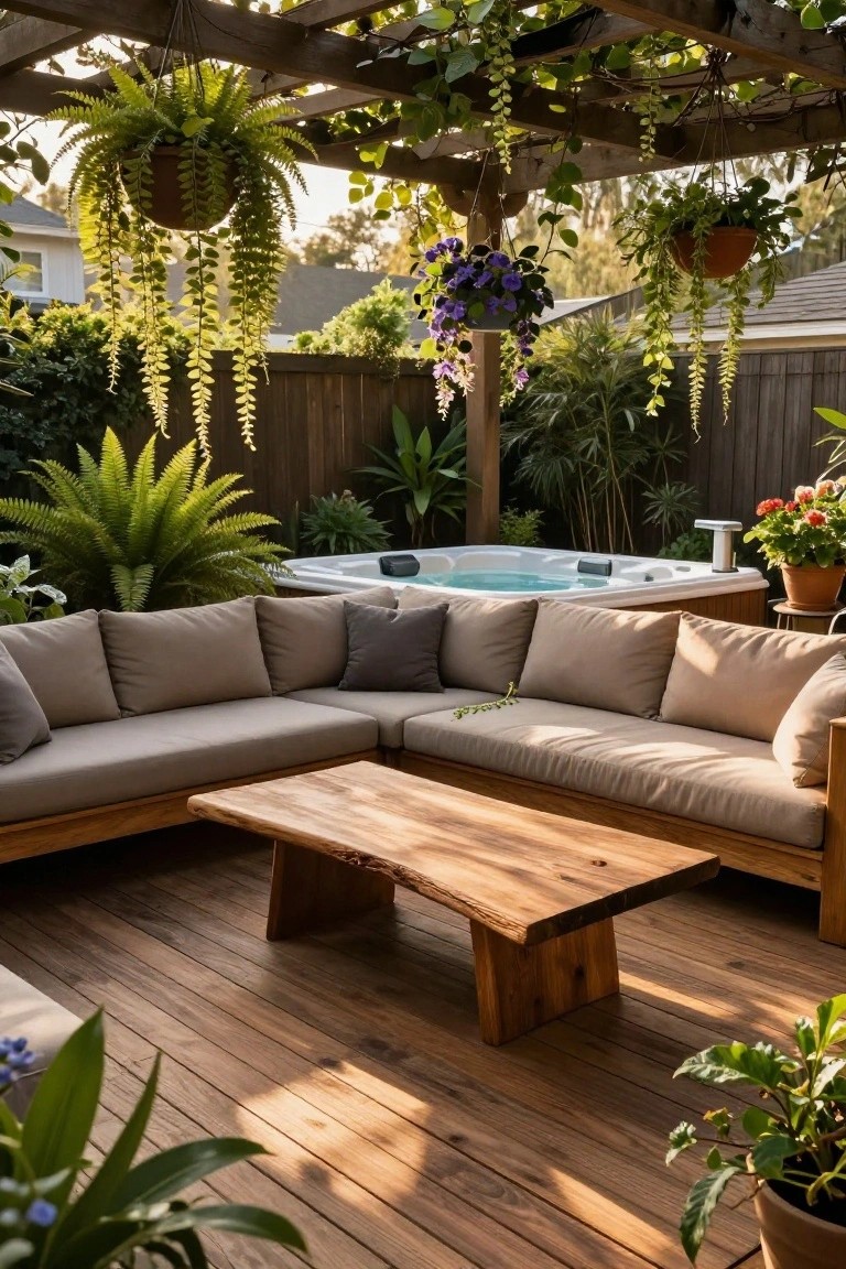 A wooden deck patio with an L-shaped sectional sofa and coffee table under a pergola filled with hanging ferns and flowering plants next to a hot tub.
