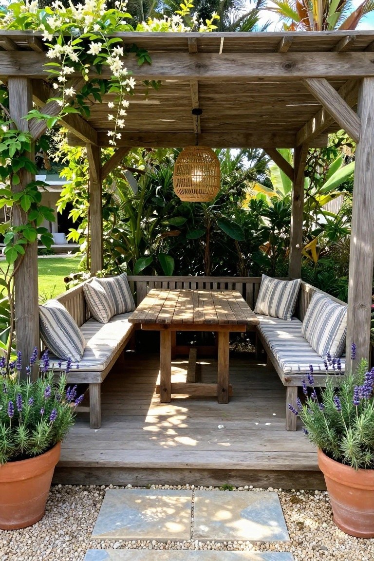 A wooden pergola with built-in benches around a table, flowering vines growing across the top, and potted plants at the front.