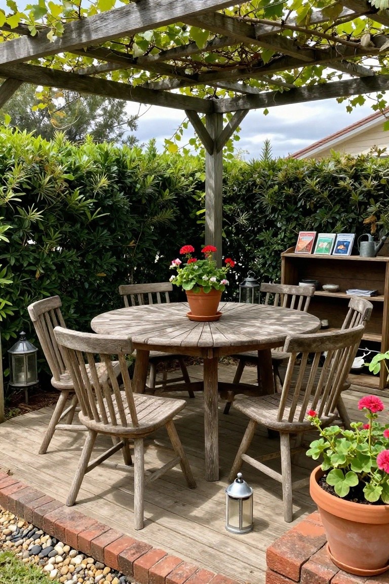 A round wooden table with chairs sits on a deck beneath a wooden pergola covered in green vines, with potted flowers and lanterns nearby.