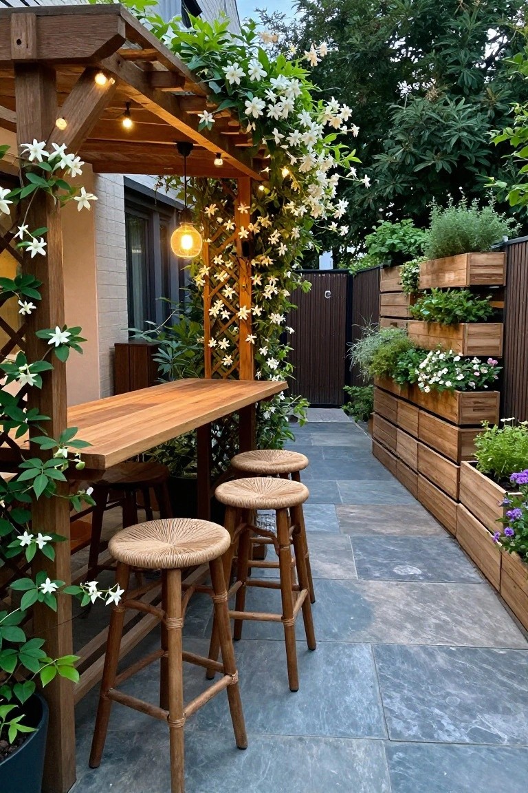 A long wooden bar counter with three woven stools stands under a pergola covered in white flowering vines, next to tiered wooden planters on a stone patio.