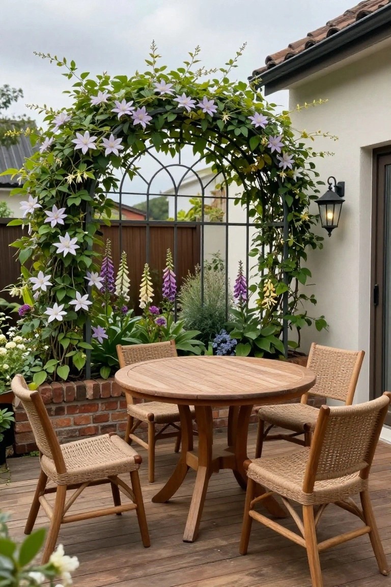 Round wooden table with four woven chairs under flowering metal garden arch
