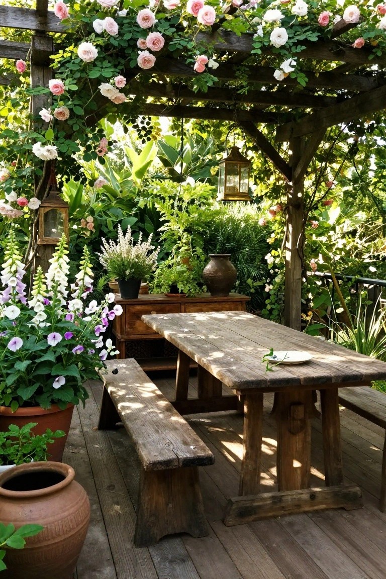 A wooden patio dining table and benches sit under a pergola covered in pink and white climbing roses, with potted flowers and greenery around the deck.