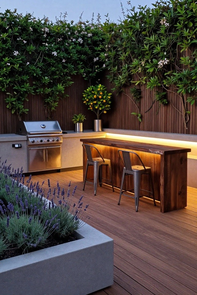An outdoor wooden bar with two metal stools sits against a vine-covered wooden fence on a deck, next to a stainless steel grill and potted plants.