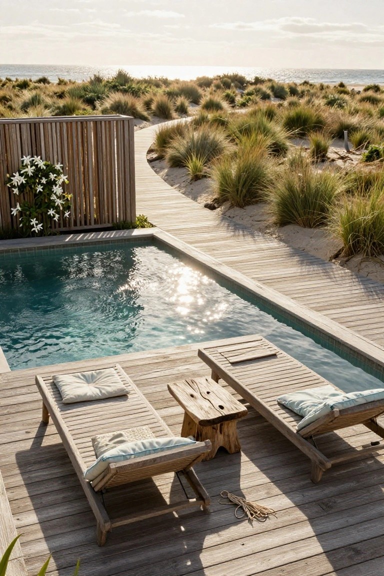 Two wooden lounge chairs with cushions sit on a deck next to a rectangular pool, with a wooden boardwalk curving through dune grasses toward the ocean.