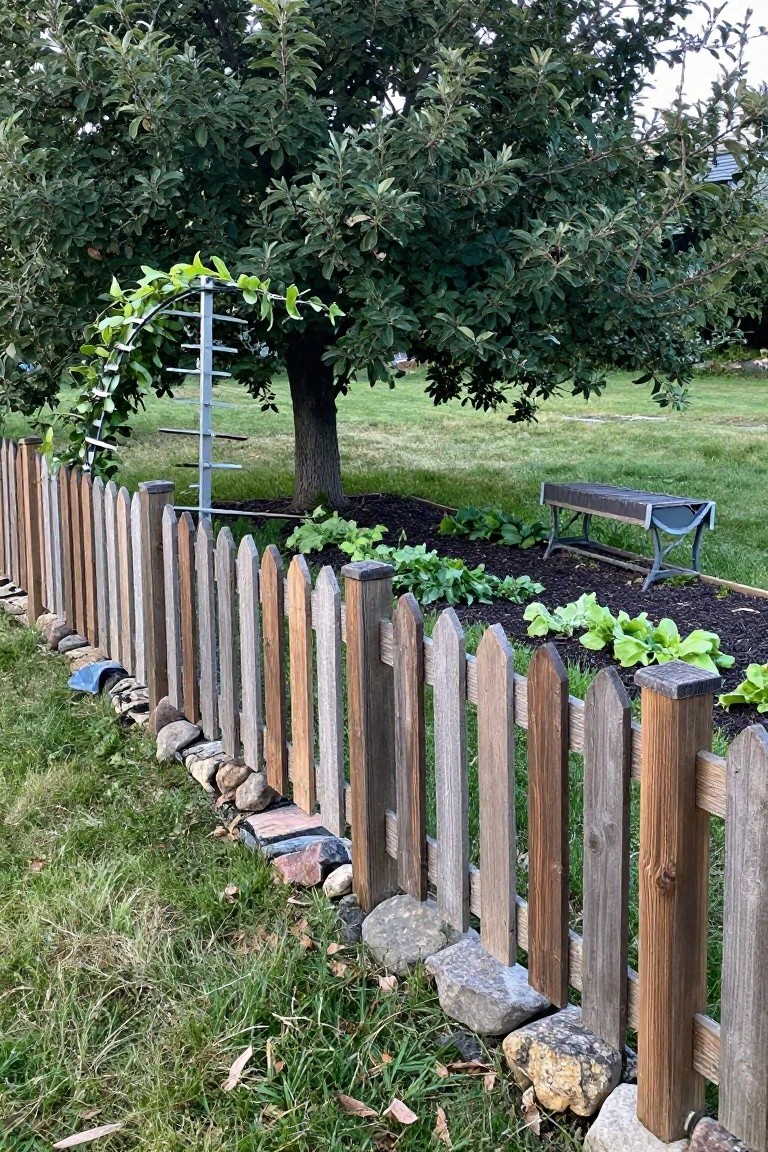 A wooden picket fence with large rocks along its base borders a mulched garden bed containing leafy plants and a metal arbor.