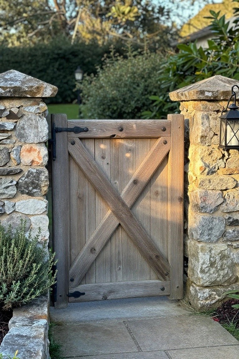 Rustic wooden gate with X brace between stone pillars and lantern