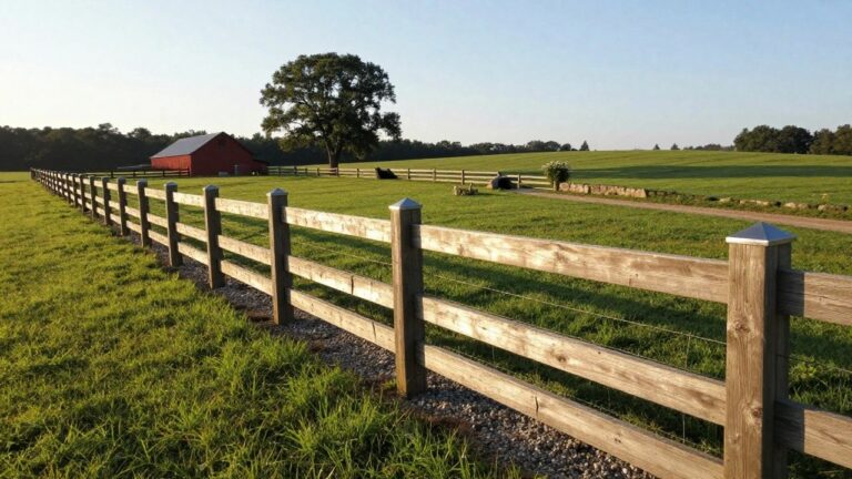Wooden fence with white-capped posts bordering field near red barn and trees