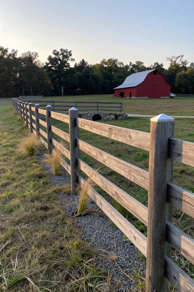 Wooden fence with white-capped posts bordering field near red barn and trees
