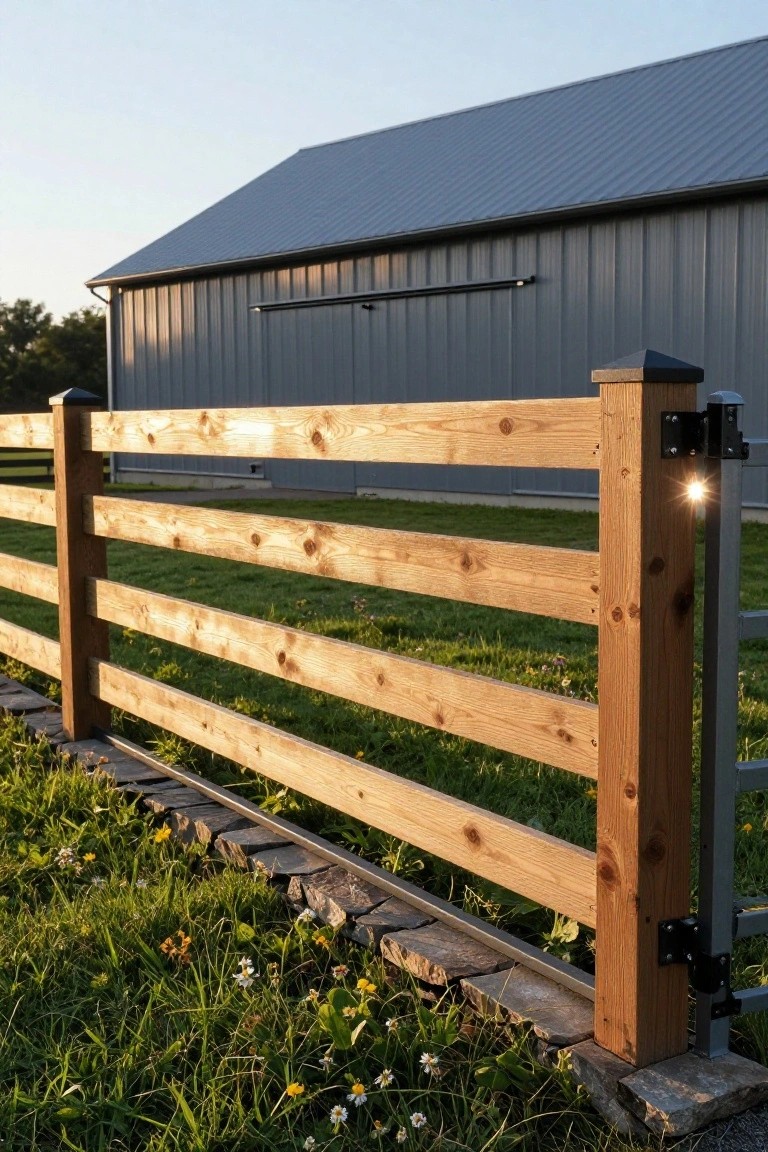 Wooden fence with horizontal rails on metal posts beside a gray barn at sunset.
