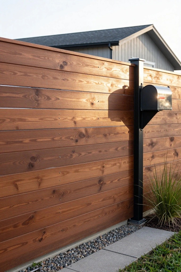 Horizontal wooden fence with a black metal post holding a mailbox, next to gravel and concrete paving.
