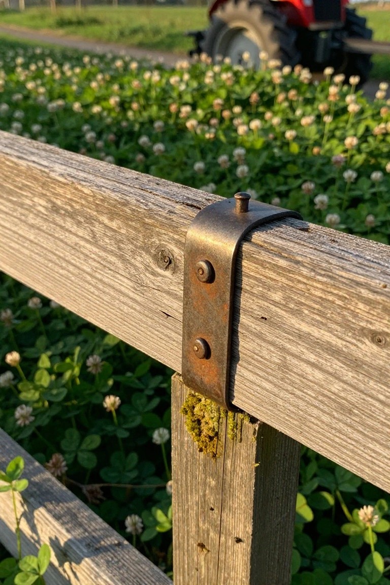Close-up of a weathered wooden fence rail secured by a rusted metal bracket, with a green clover field and red tractor visible behind it.