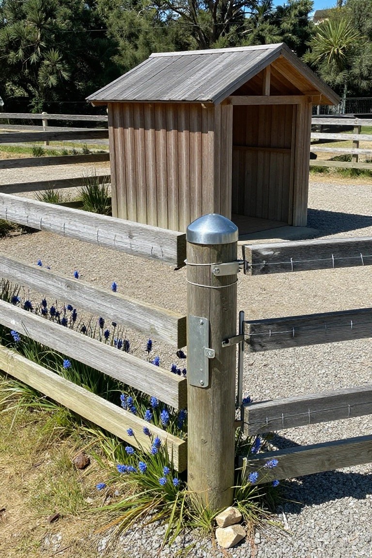 Wooden fence with blue flowers beside small shed on gravel yard with trees beyond