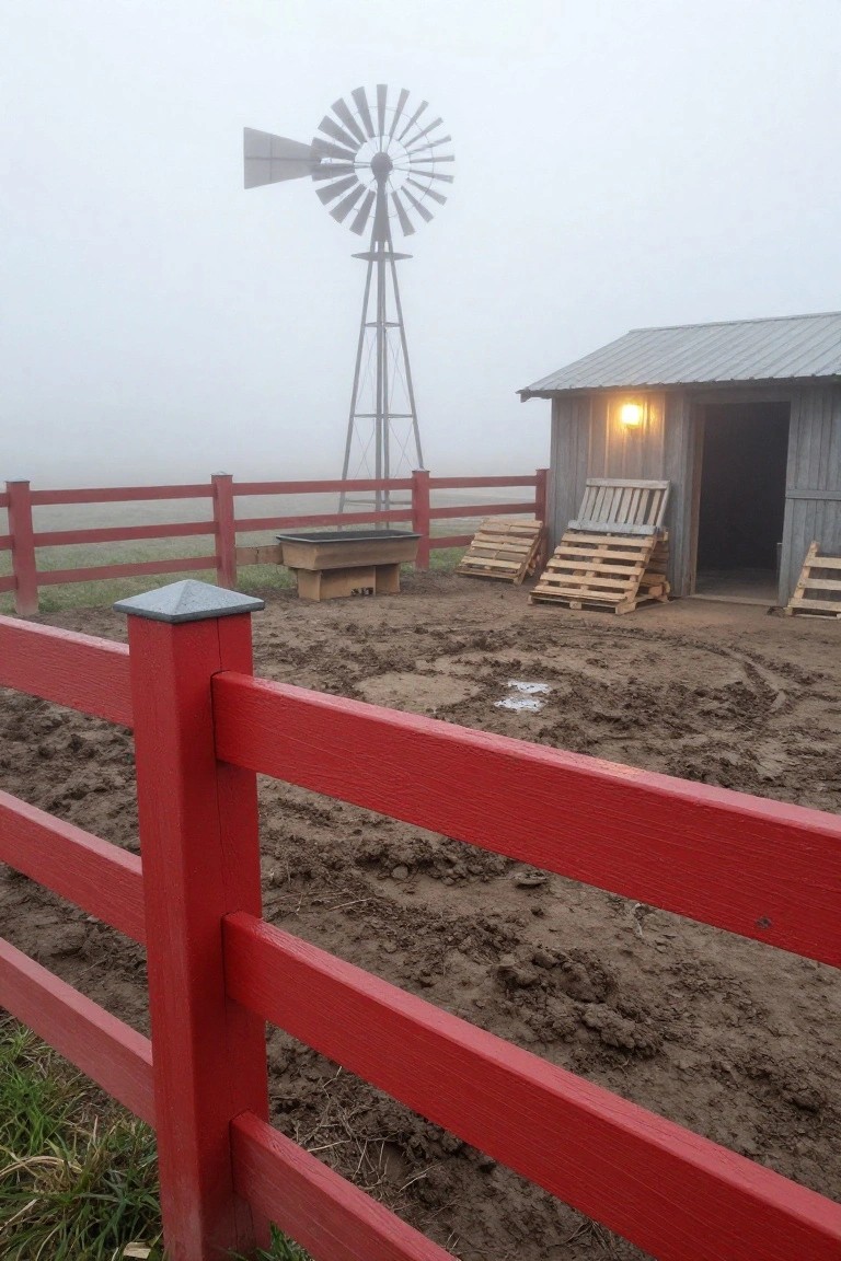 Red fence in muddy yard before foggy windmill and wooden barn with pallets.