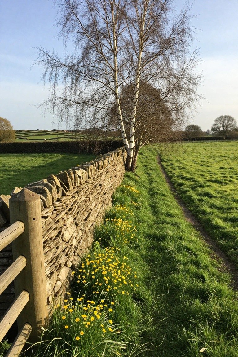 Stone wall lined with yellow flowers beside grassy path and birch tree