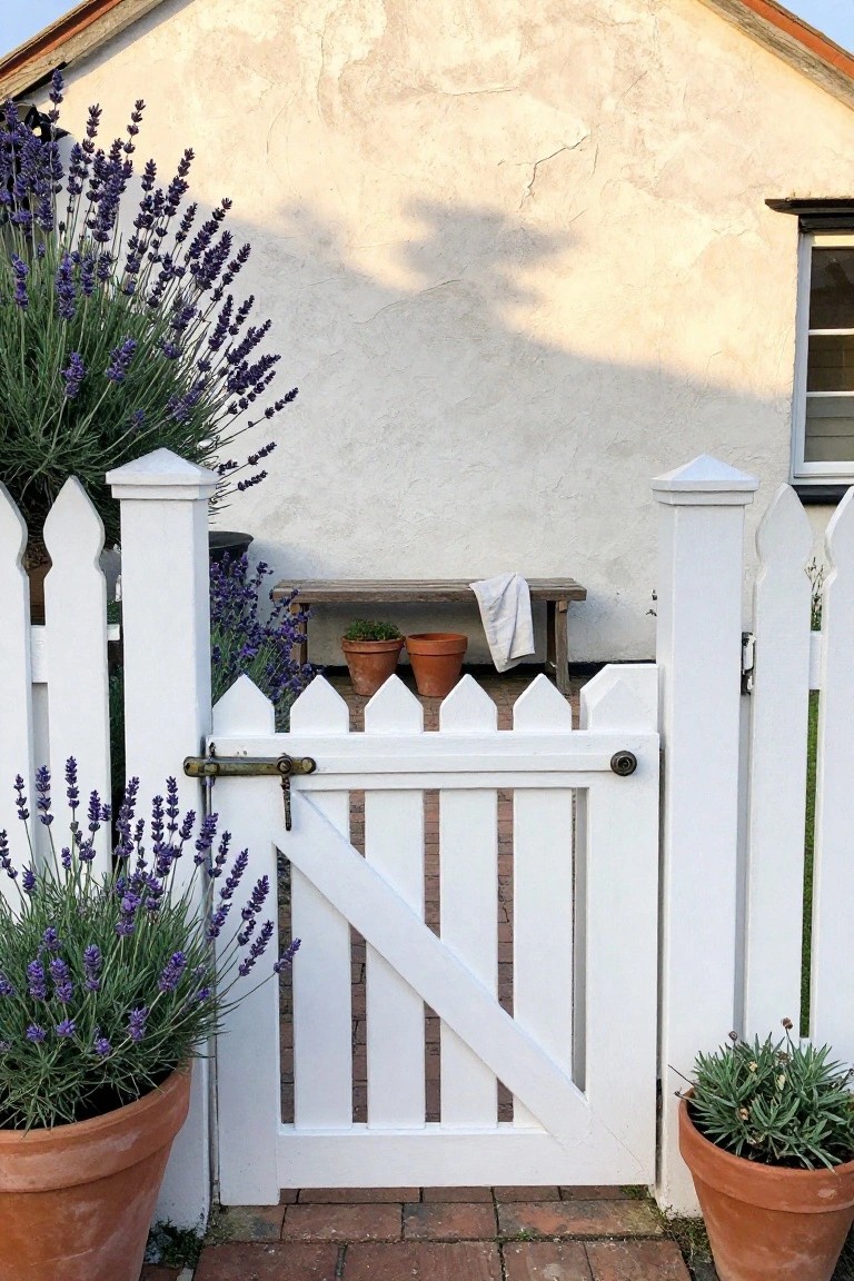 A white wooden picket gate with a diagonal brace stands open on a brick path, flanked by terracotta pots of lavender in front of a house wall.