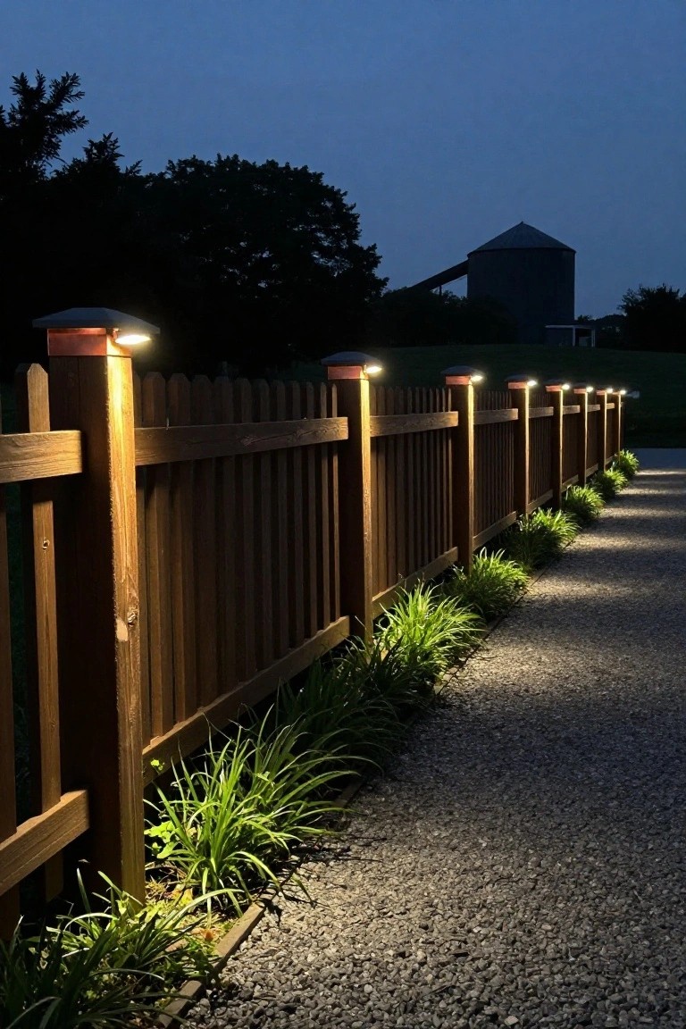 A wooden fence with lights mounted on top of the posts runs beside a gravel path lined with low plants, with a silo visible in the background at dusk.