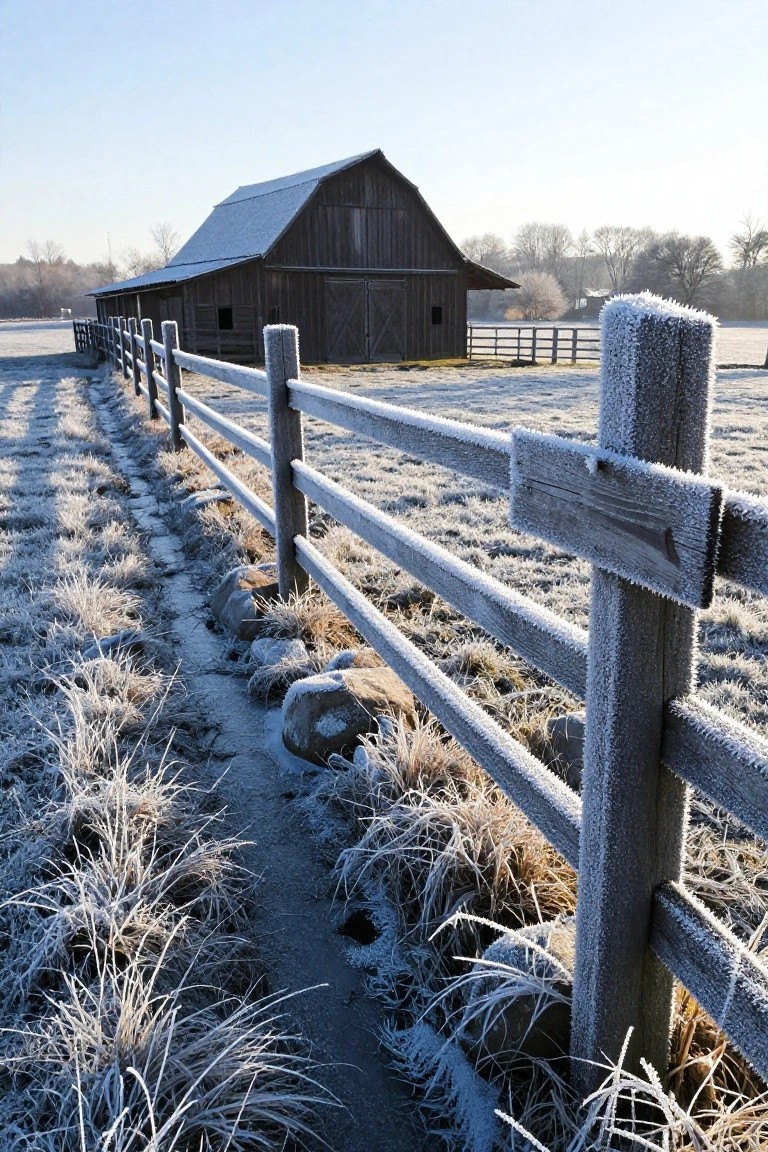 A wooden rail fence covered in frost lines a path through a snowy field with a barn visible in the background.