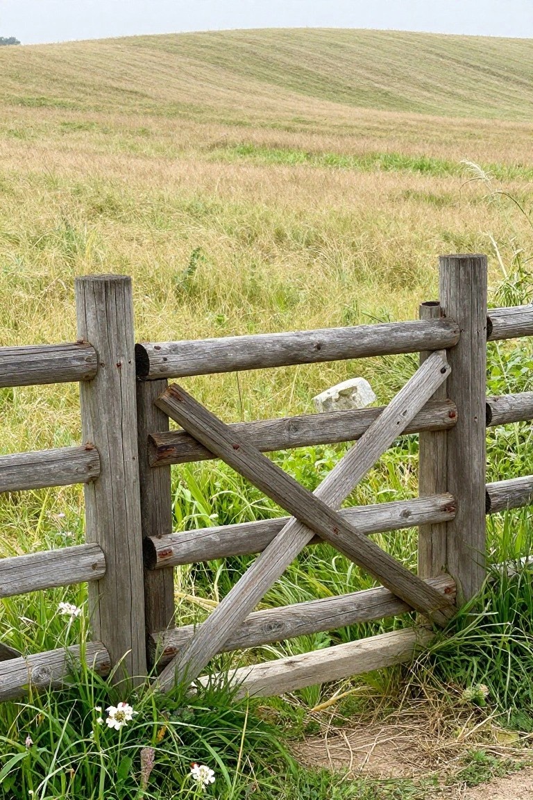 Weathered wooden gate with cross braces in grassy field and rolling hills