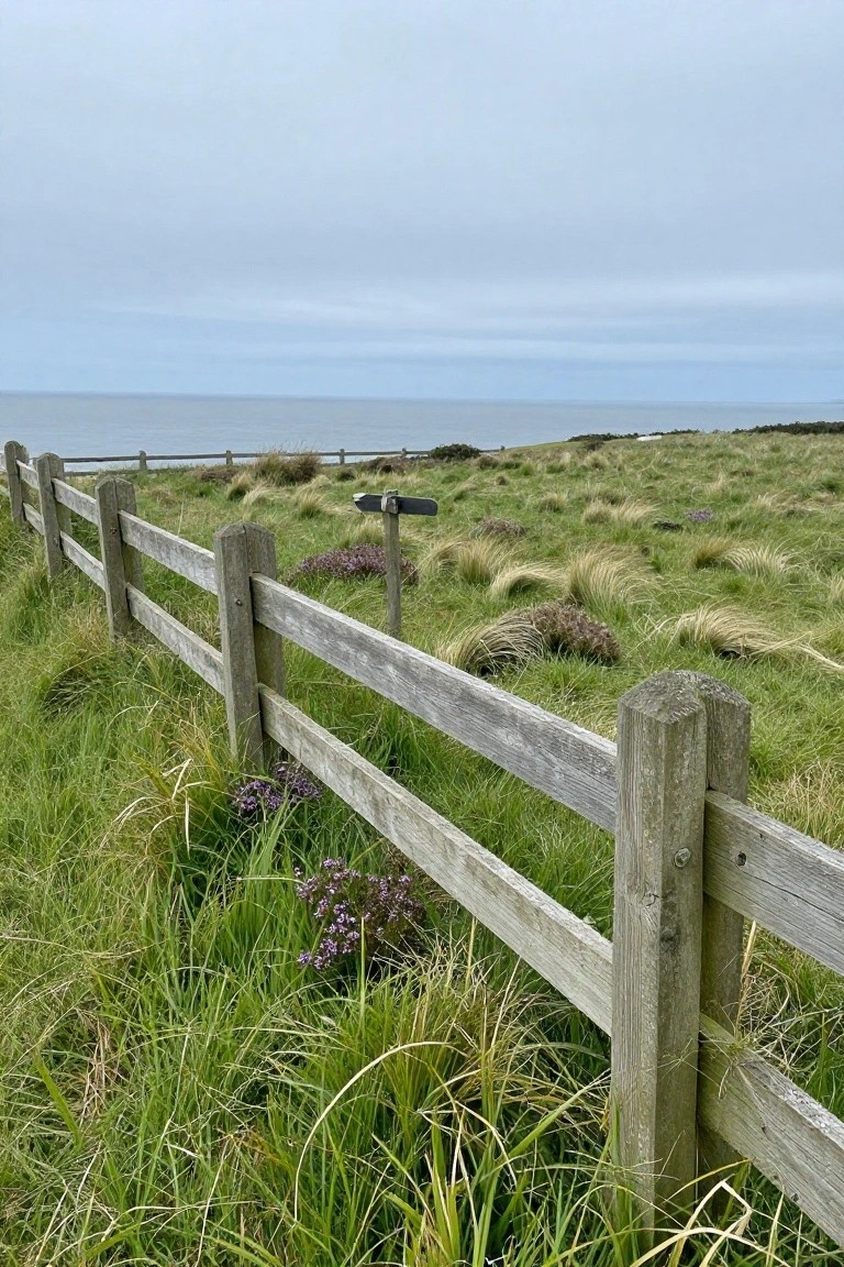 Weathered wooden fence borders grassy dunes with purple flowers overlooking calm sea.