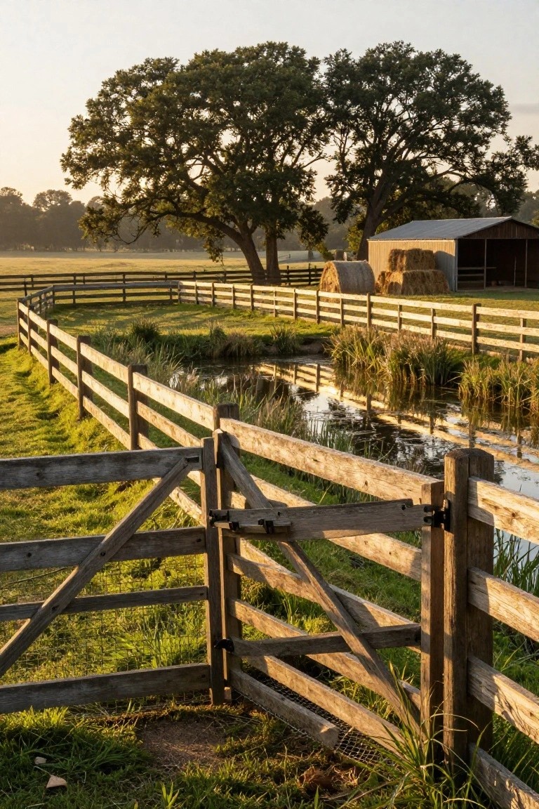 Open wooden gate by pond with barn, hay bales and trees beyond