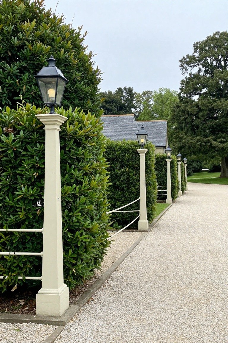 A white rail fence with lamp posts runs alongside a gravel path bordered by tall green hedges.