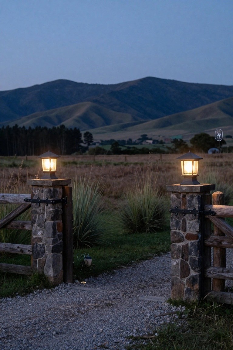 Open wooden gates with glowing lanterns on stone pillars frame a gravel path to hills