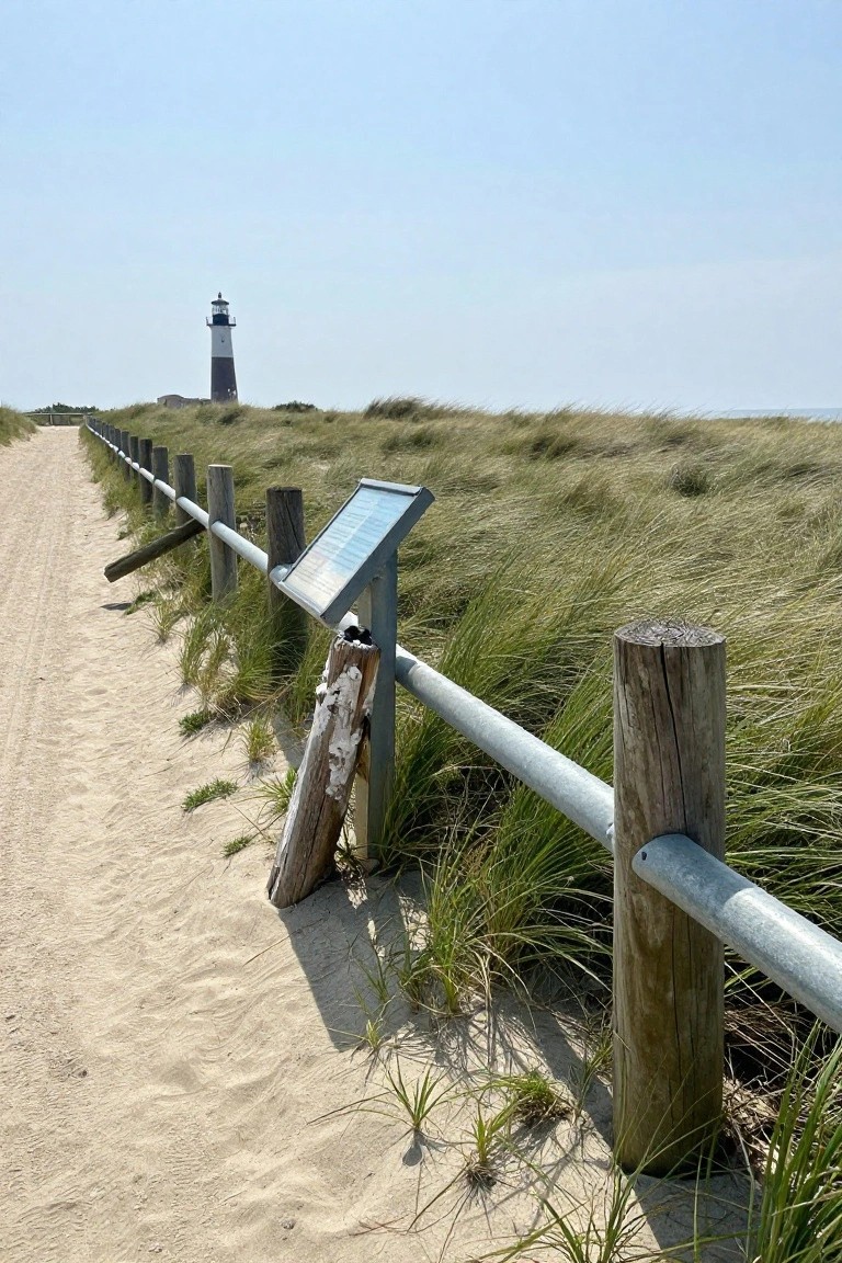A wooden post and metal rail fence runs beside a sandy path through grassy dunes, with a lighthouse visible in the distance.