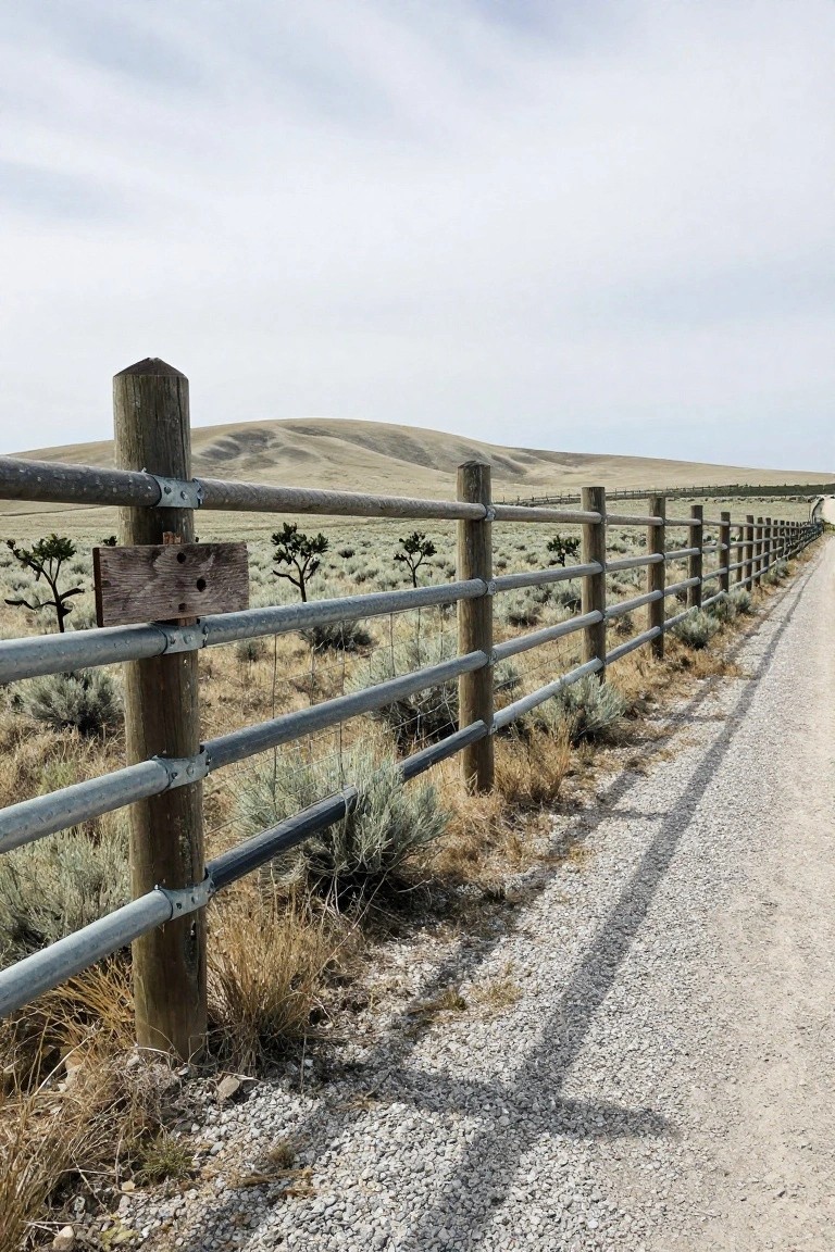 A wooden post fence with horizontal metal rails runs along a gravel path through dry open land with rolling hills.
