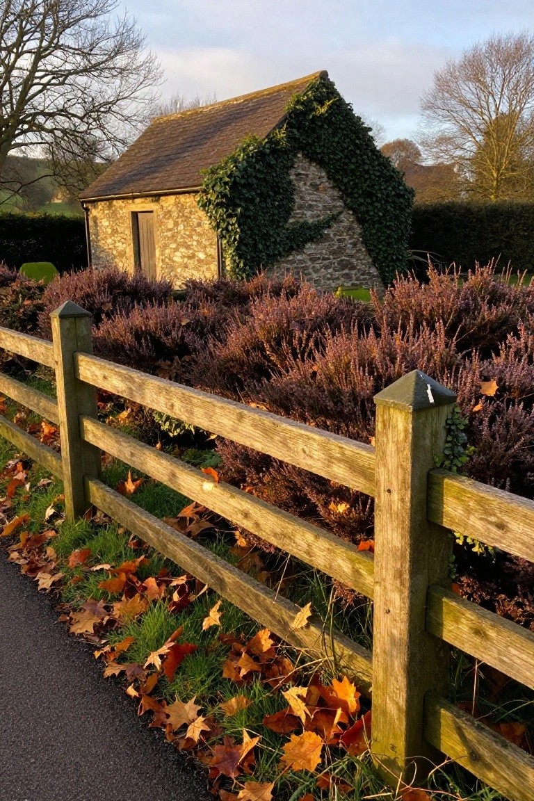 A wooden rail fence lines a roadside with purple shrubs, fallen leaves, and a stone building covered in ivy behind it.