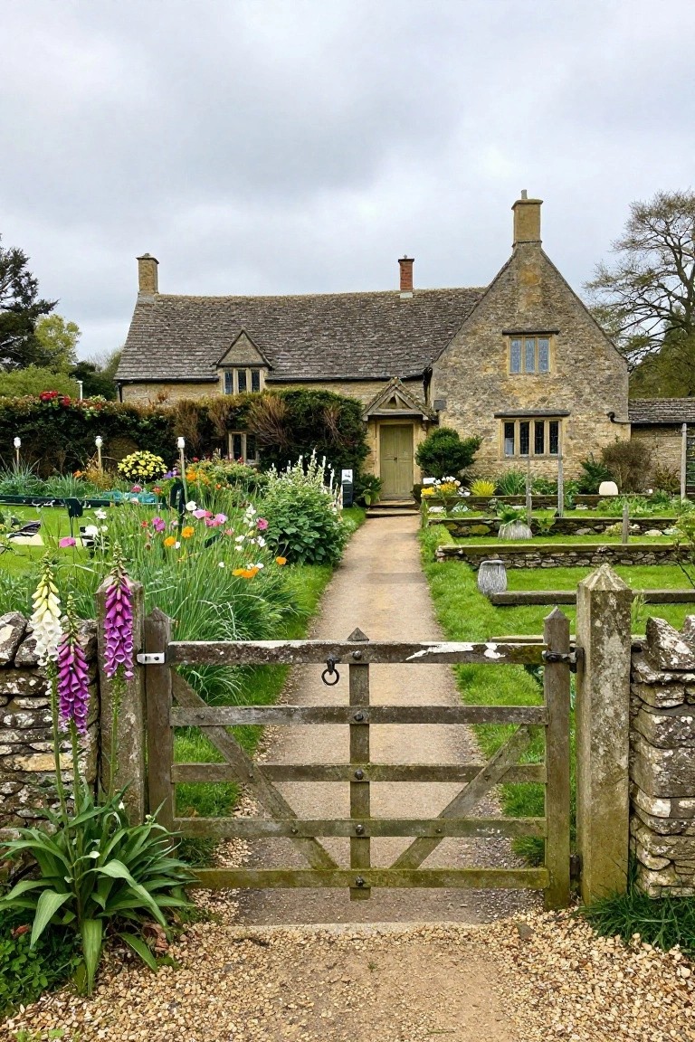 A weathered wooden rail gate stands across a gravel path leading to a stone house with colorful garden beds on either side.