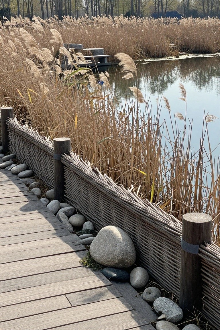 Wooden boardwalk beside woven fence with rocks along reed-lined pond and bench.