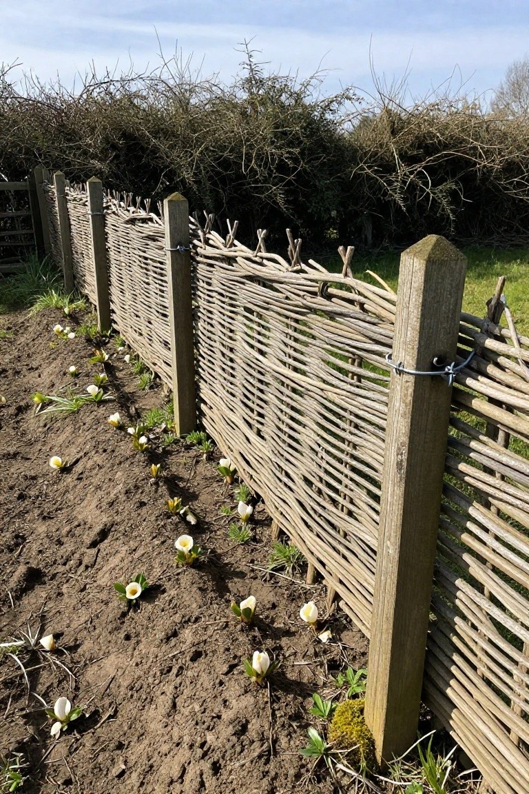 Woven wooden fence with white crocuses blooming along its base on dirt