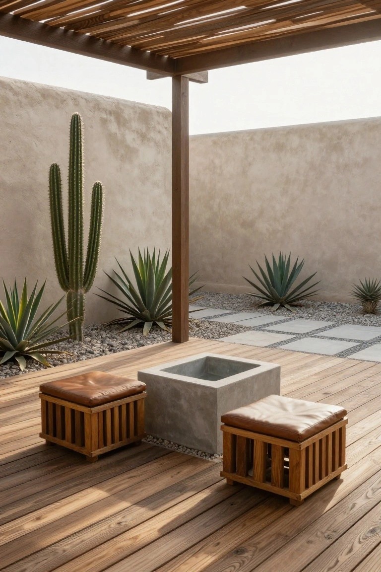 A wooden deck patio under a slatted pergola, with two low wooden stools with leather cushions, a square concrete feature in the center, and desert plants along stucco walls.