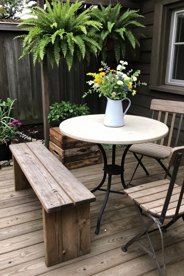 A round stone-top table with a white pitcher of flowers on a wooden deck, accompanied by a rustic wooden bench on one side and metal folding chairs on the other, with hanging ferns and wooden crates nearby.