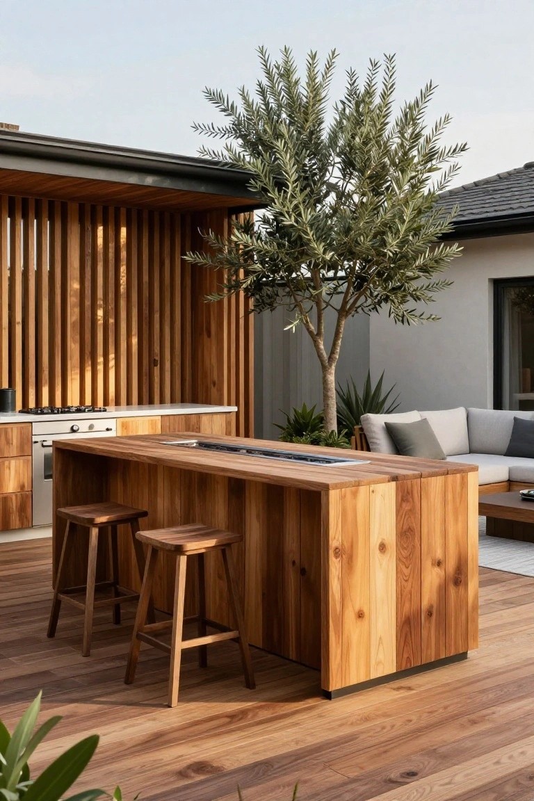 Modern wooden outdoor kitchen island with two stools and olive tree on deck