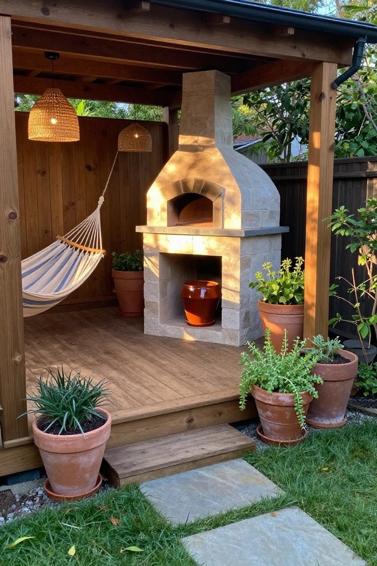 A wooden deck patio with a stone pizza oven, hanging hammock, and multiple terracotta pots with plants under a wooden structure.